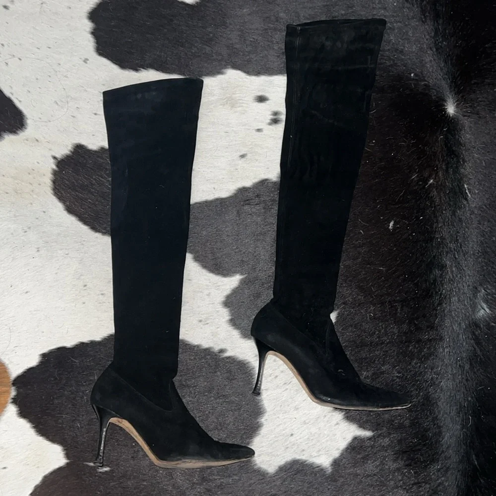 Manolo Blahnik Black Suede Thigh High Over-the-knee Pointed Heeled Boots, 37.5